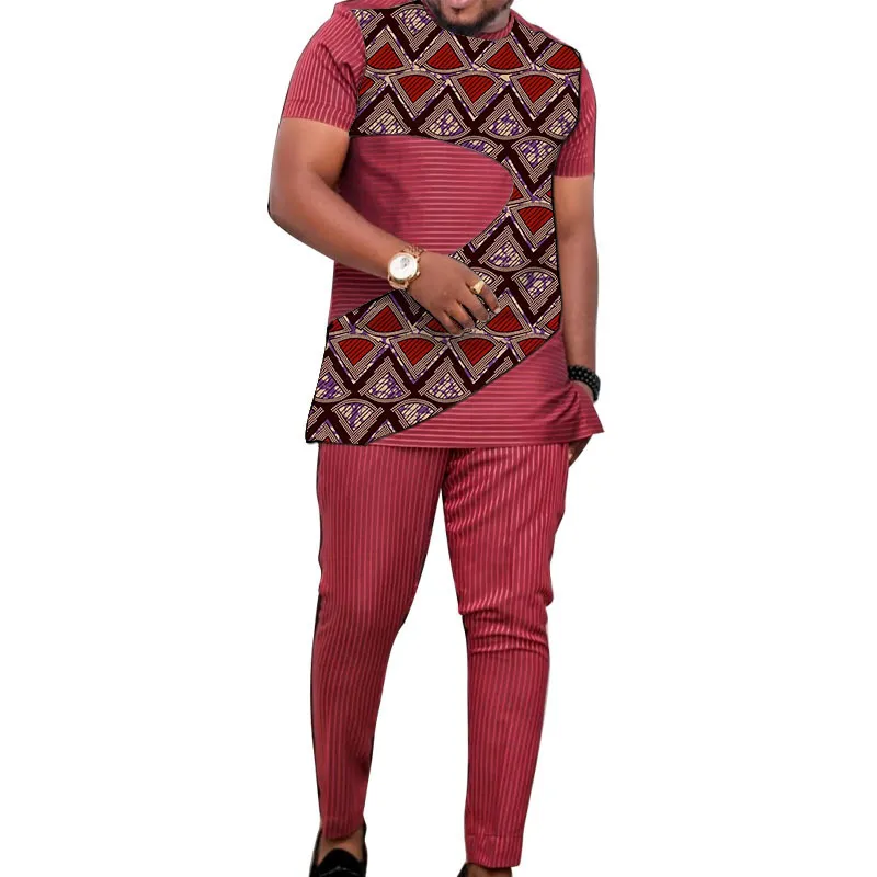 Herrspårar Summer Men's Red Stripe Suit Kort ärmar Set Patchwork Tops med Pant Male Nigerian Fashion Design African Groom Party Outfits 230715