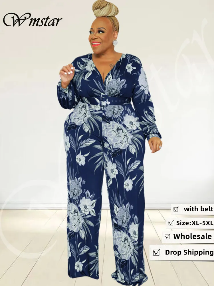 Women's Plus Size Jumpsuits Rompers Wmstar Plus Size Romper Women with Belt Flower Print Long Sleeve Wide Leg Office Lady Fall Jumpsuit Wholesale Drop 230715