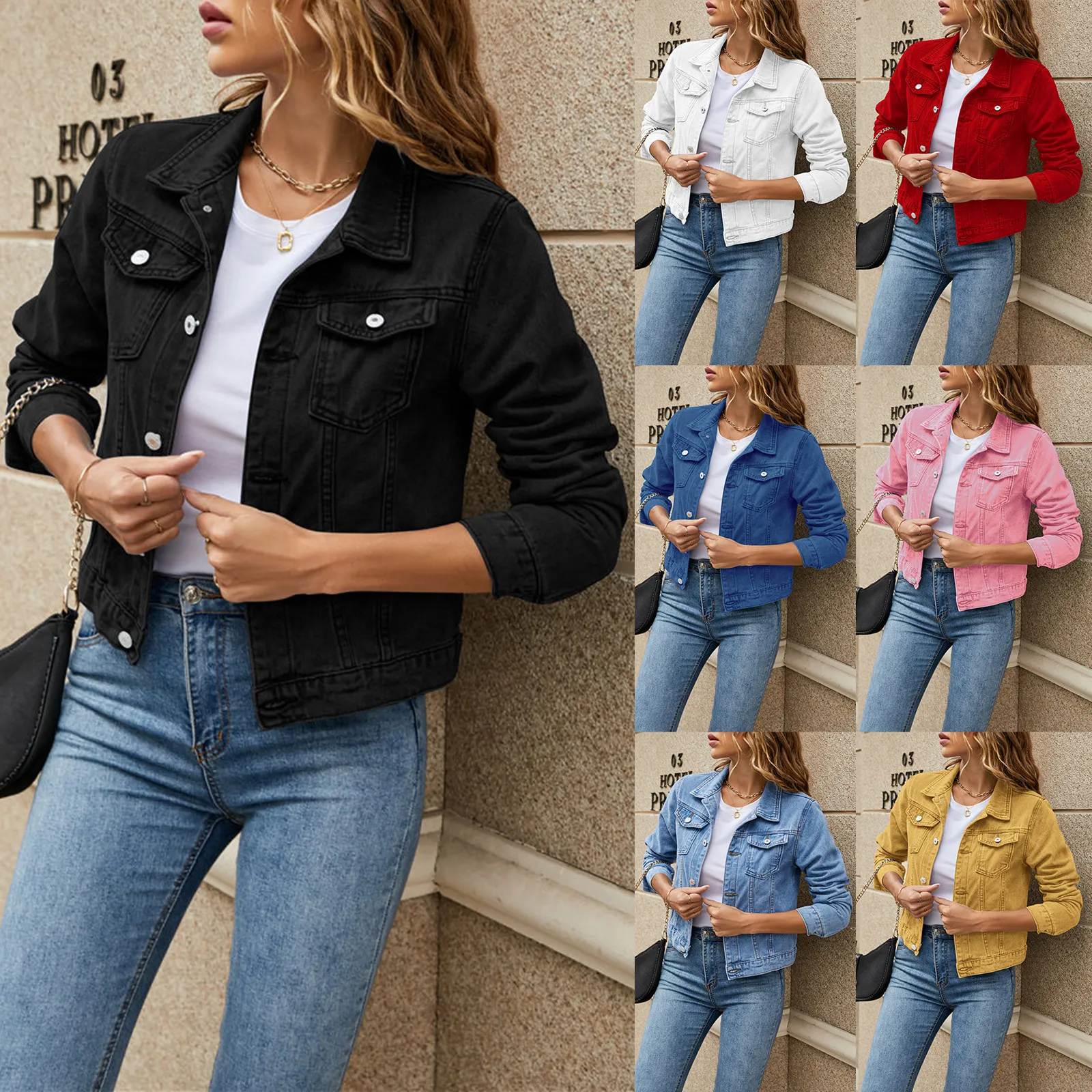 Novas jaquetas jeans femininas moda feminina casual manga longa lapela botão sólido para baixo bolso no peito fino jaqueta jeans outono inverno casaco