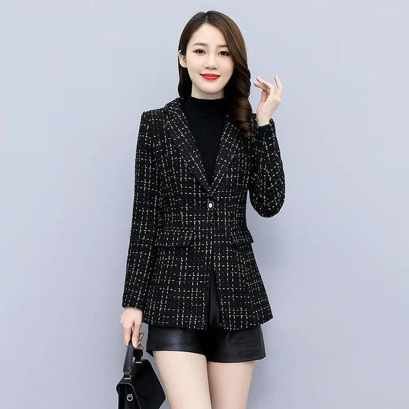 Ternos femininos xadrez terno de lã casaco feminino 2023 primavera outono coreano manga longa blazer fino jaqueta feminina casual escritório senhoras sobretudo tops