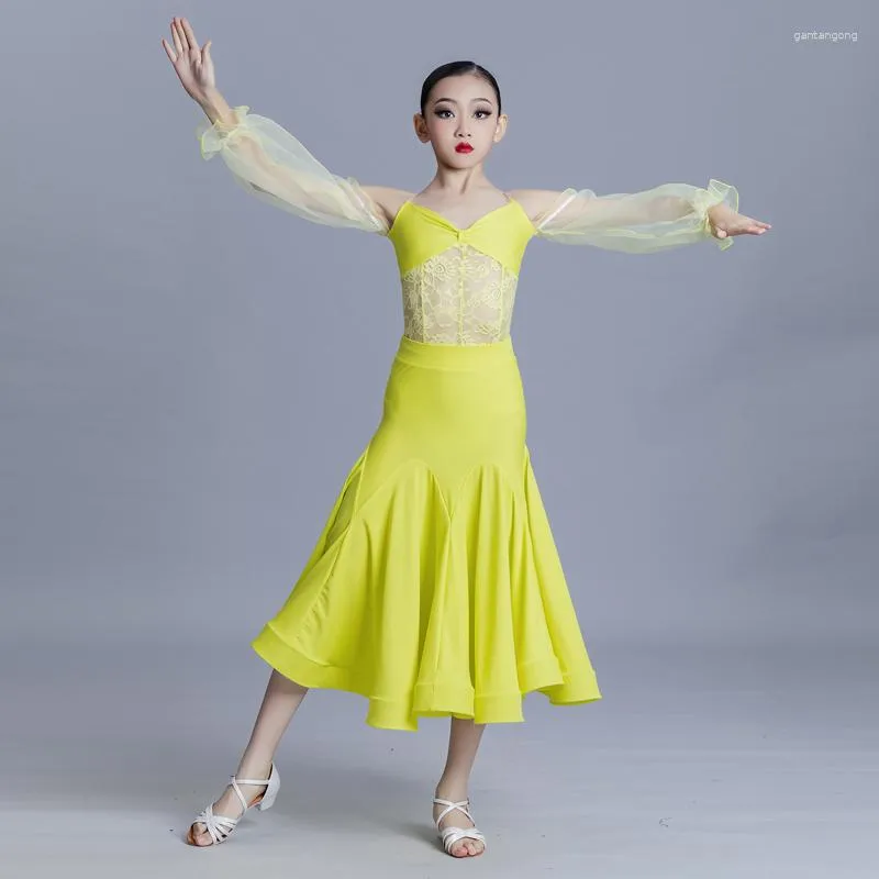 Stage Wear Girls Puff Sleeves Latin Dance Dress Ballroom Competition Women Modern Clothing Practice Costume XS5561