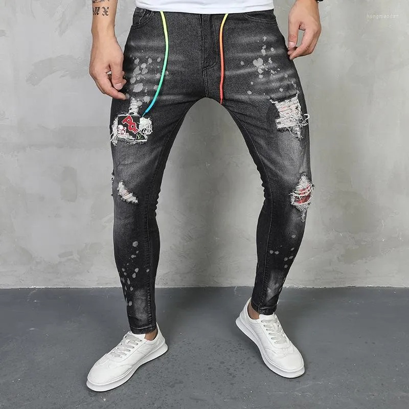 Men's Jeans Arrival Korean Style Classic Slim Solid Luxury Ripped Hole Patch Stretch Skinny Pants Cotton Trousers