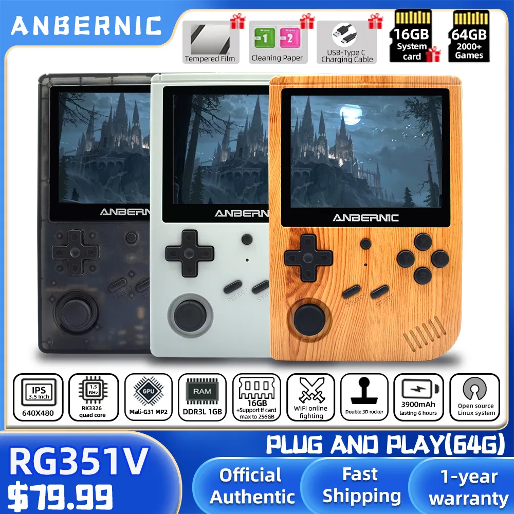 Портативные игровые игроки Anbernic RG351V ретро-игры, встроенные 16G RK3326 с открытым исходным кодом 3,5 дюйма 640*480 Руководитель консоли игровой консоли для Kid Gift 230715