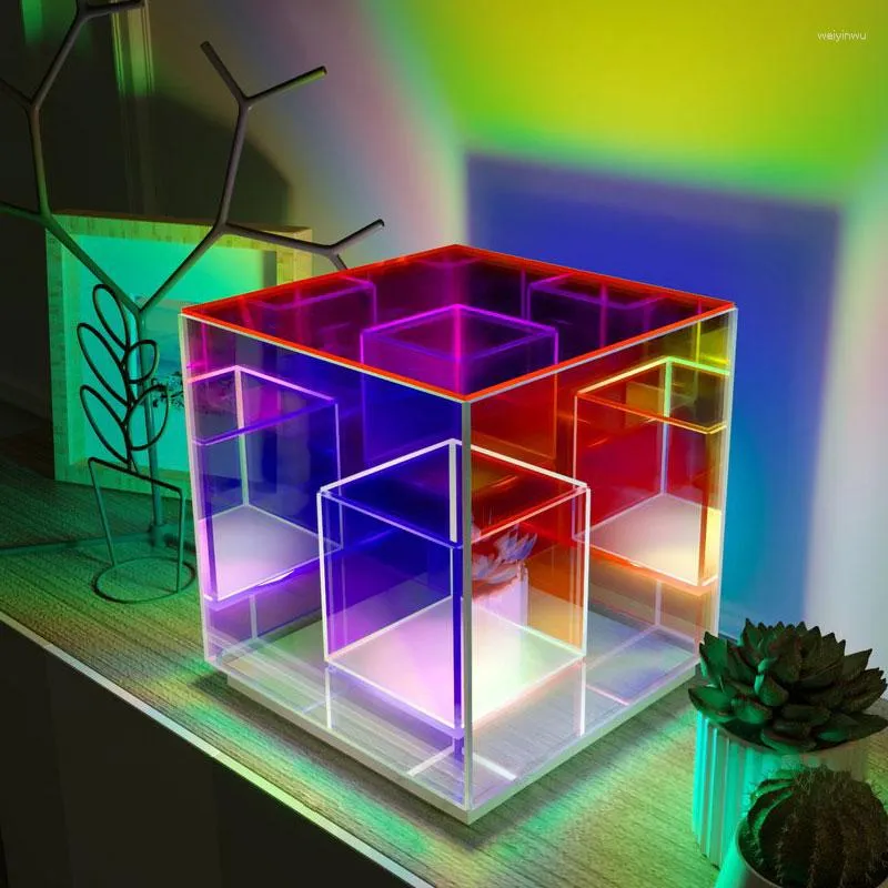 Lámparas de mesa Cubo mágico acrílico Lámpara 3D Dormitorio Mesita de noche LED USB Luz de noche Atmósfera colorida Barra de escritorio Accesorios de iluminación interior