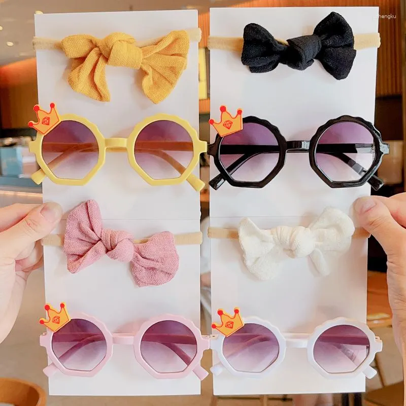 Hair Accessories Baby Girls Cute Solid Crown Vintage Sunglasses Bowknot Headbands Set Kids Bands Headwear Children Lovely