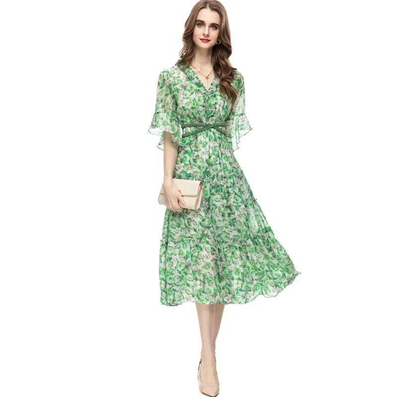 Women's Runway Dresses V Neck Half Sleeves Printed Sequined Beaded High Street Fashion Floral Mid A Line Vestidos