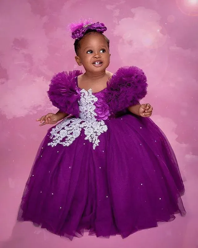 2021 Purple Lace Crystals Flower Girl Dresses Ball Gown Tulle Elegant Lilttle Kids Birthday Pageant Weddding Gowns