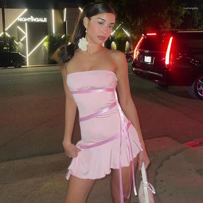 Women's Pink Strapless Backless High Elastic Ribbon Ruffles Dress Women's Pink Strapless Backless High Elastic Ribbon Ruffles Dress