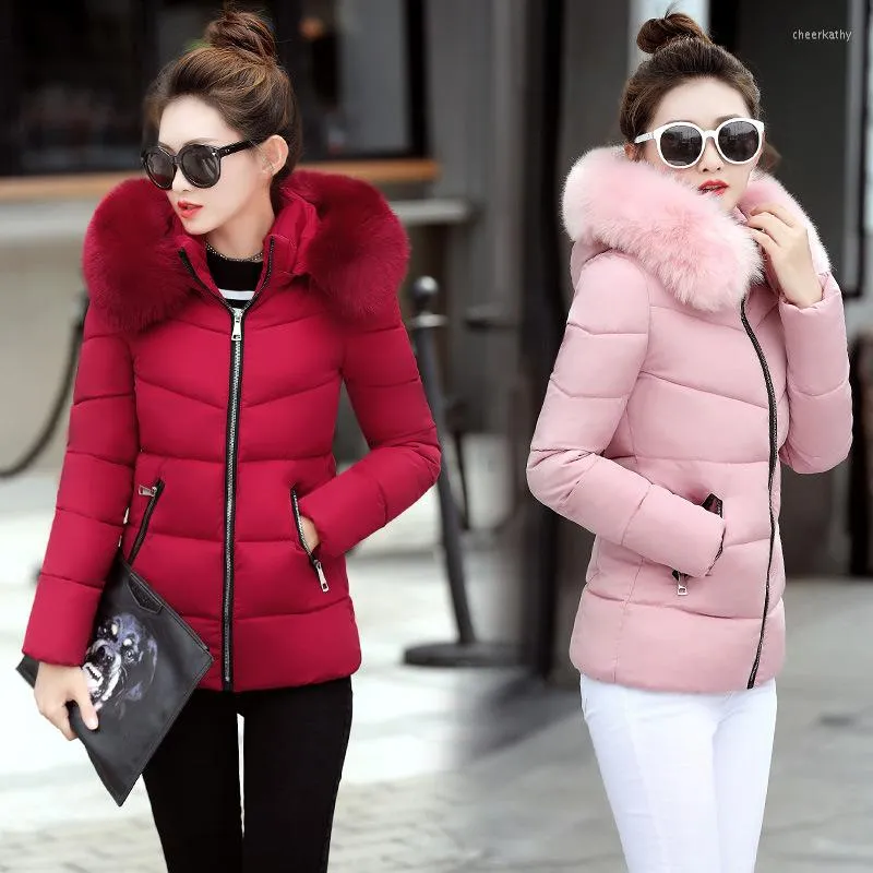 Women's Trench Coats 2023 Winter Women Warm Down Cotton Parka Coat Female Short Slim Solid Fur Collar Hooded Quilted Jacket Outwear Plus