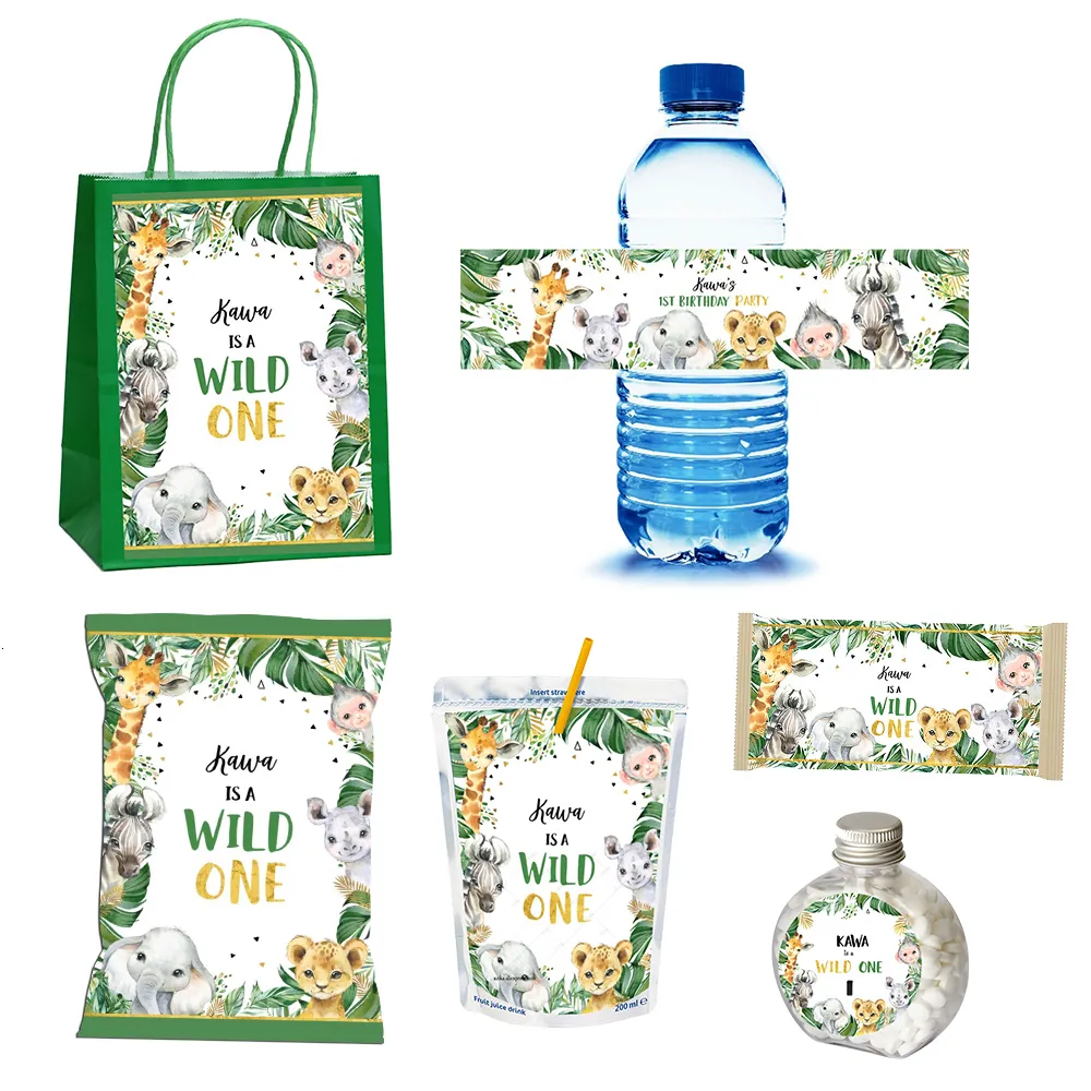 Autres fournitures de fête d'événement Safari personnalisé animaux de la forêt de la jungle sauvage puces étiquettes de jus emballage de barre de chocolat décor de fête d'enfant sac de cadeaux personnalisé 230715