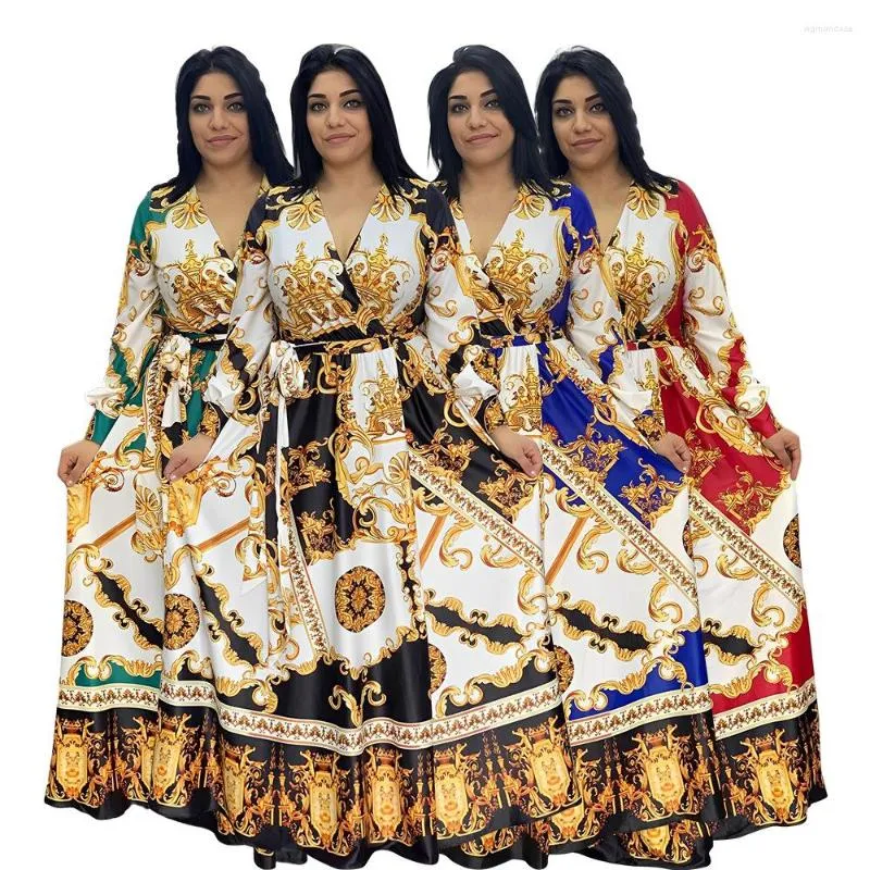 Casual Dresses XL-5XL African Print för kvinnor Elegant Autumn Long Sleeve Muslim Fashion Abayas Dashiki Robe Kaftan Maxi