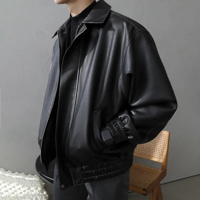 Herrjackor Myq Leather Men's Spring and Autumn New Loose Leather Jacket Locomotive Fashion Brand Men's Korean Fashion Casual Coat 220727