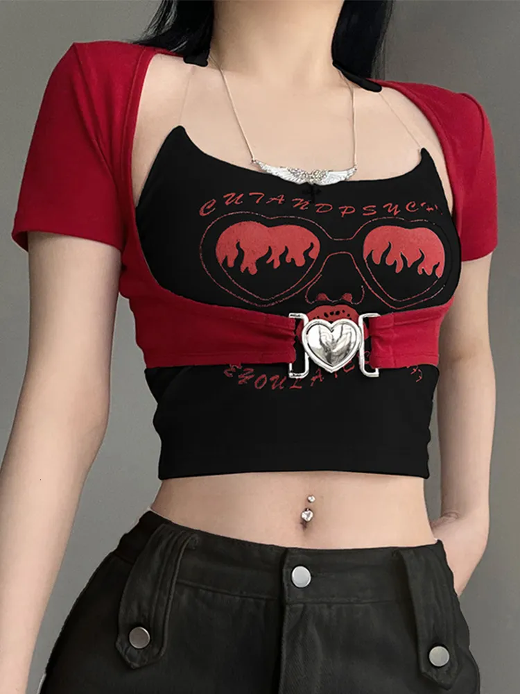 Damen T-Shirt Gothic Y2k Crop Top Frauen Sommer Kurzarm Neckholder T-Shirt Weiblich Vintage Grunge Punk Grafikdruck Slim Tops Zweiteiliges Set 230717