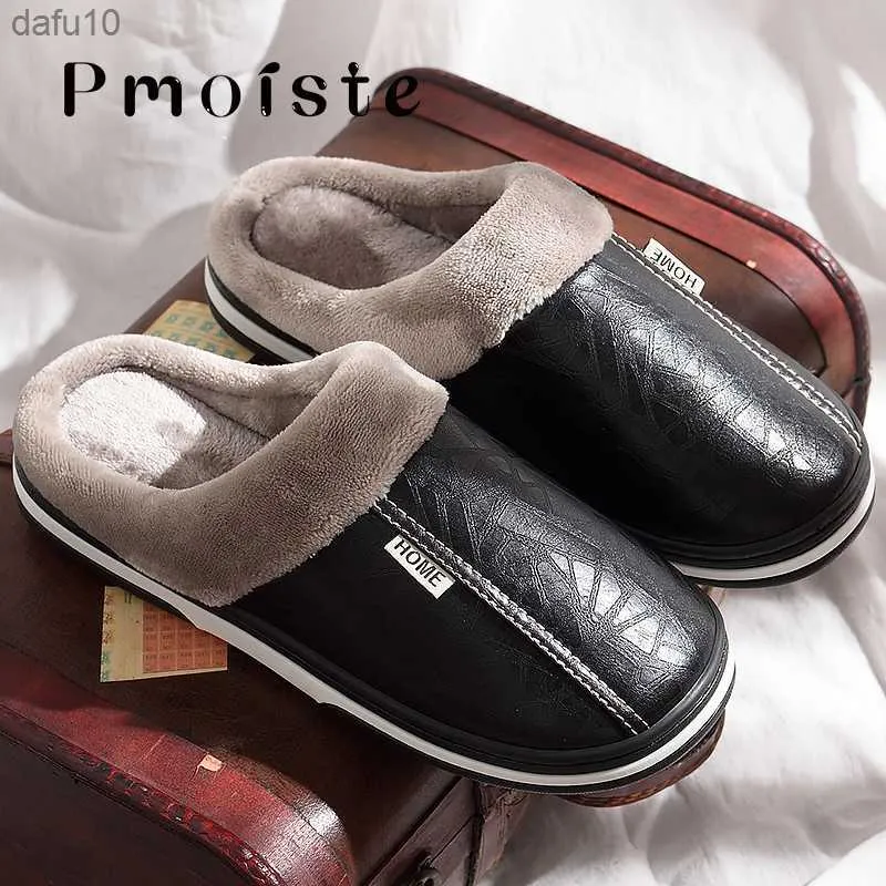 Furry Men Home Slippers PU Leather Winter Indoor Slippers with Fur Waterproof Massage Foam Male House Slipper Soft Plus Size 51 L230704