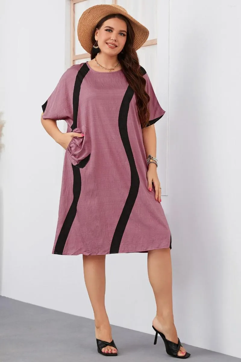 Vestidos Plus Size Vestido Feminino Turno Com Bolso Verão Manga Curta Camisa Gola Redonda Caual Roupa Solta Robe Streetwear