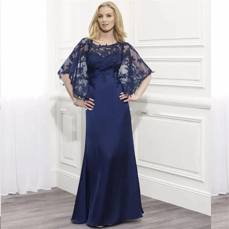 Vestido de noite azul marinho pós manga meia mãe da noiva com apliques de decote redondo vestido de noite plus size para vestido de festa de casamento