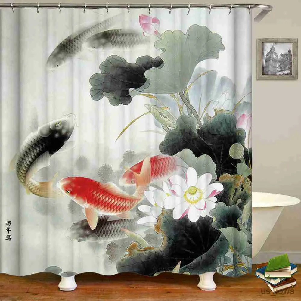 Shower Curtains Chinese style flower and view waterproof shower curtain printed home bathroom decoration with hook shower curtain