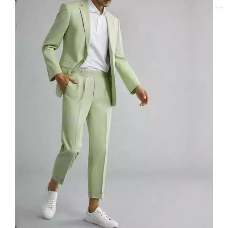 Abiti da uomo Abito sociale per matrimonio Abito da sposo Verde fresco Uomo elegante Traspirante In materiale di lino estivo Maschile