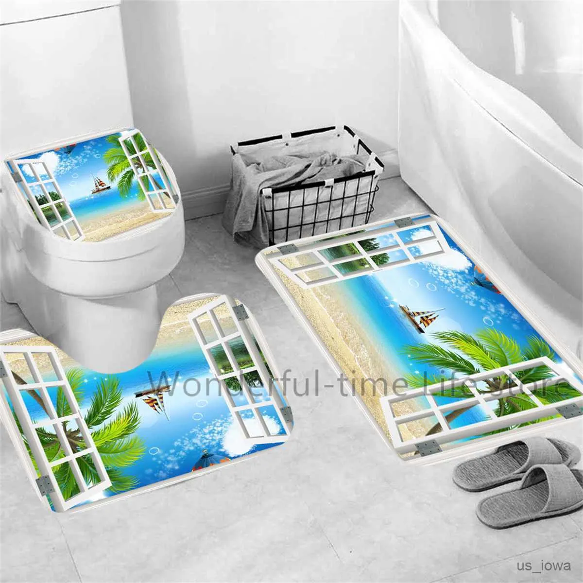 Shower Curtains Tropical Landscape Shower Curtain 3D Open Window Ocean Beach Starfish Shell Tree Scenery Waterproof Bathroom Decor Curtainn