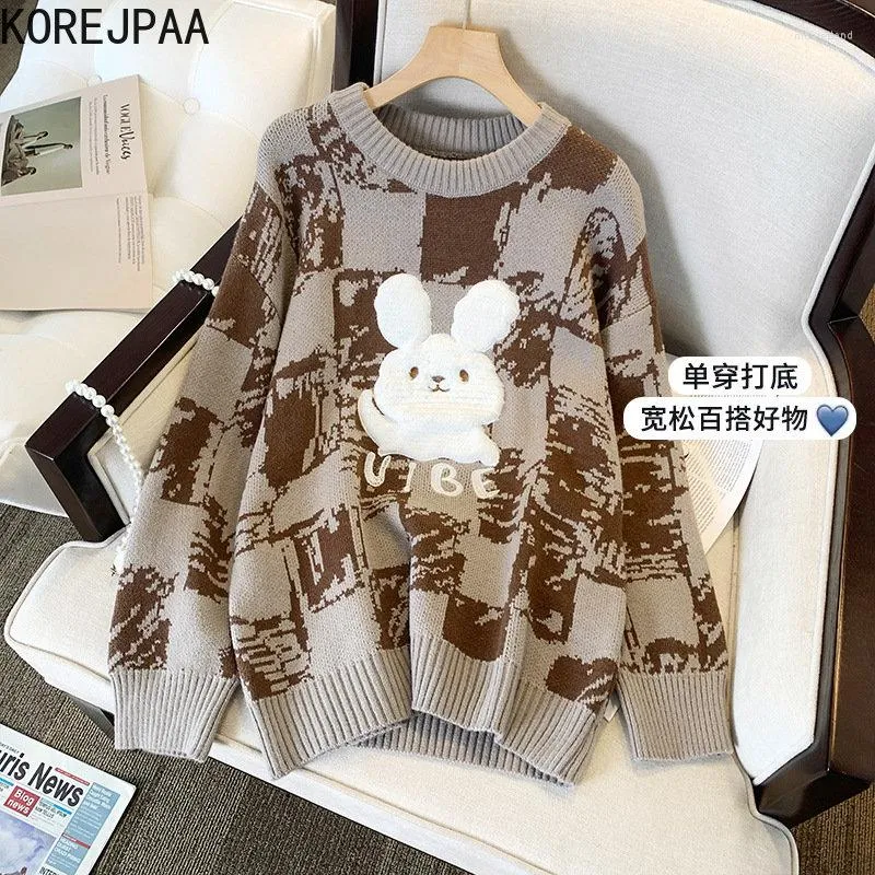 Suéter Feminino Korejpaa 2023 Outono Pull Femme Sweet Estilo Chinês Ribbit Suéter com Estampa de Desenho Animado Malhas Manga Comprida Decote O Tops Casuais