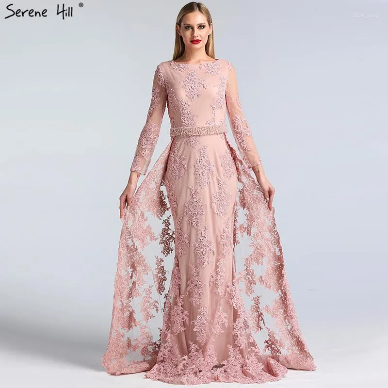 Vestidos de festa decote em bico rosa manga comprida renda vestidos de noite 2023 pérolas lantejoulas sereia formal real po la60982