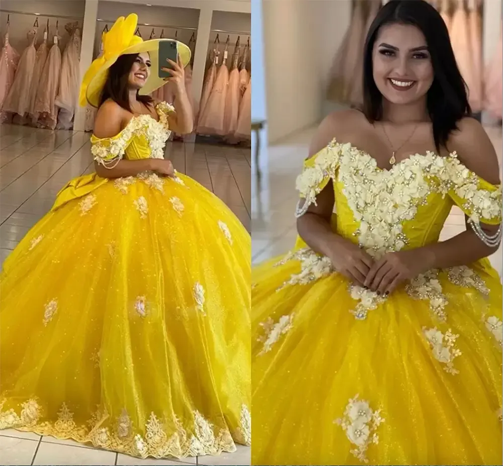 Magnifiques robes de Quinceanera jaunes dentelle appliques tulle perlé sur l'épaule fleurs faites à la main sur mesure Sweet 16 princesse Pageant robe de bal robe de bal vestidos