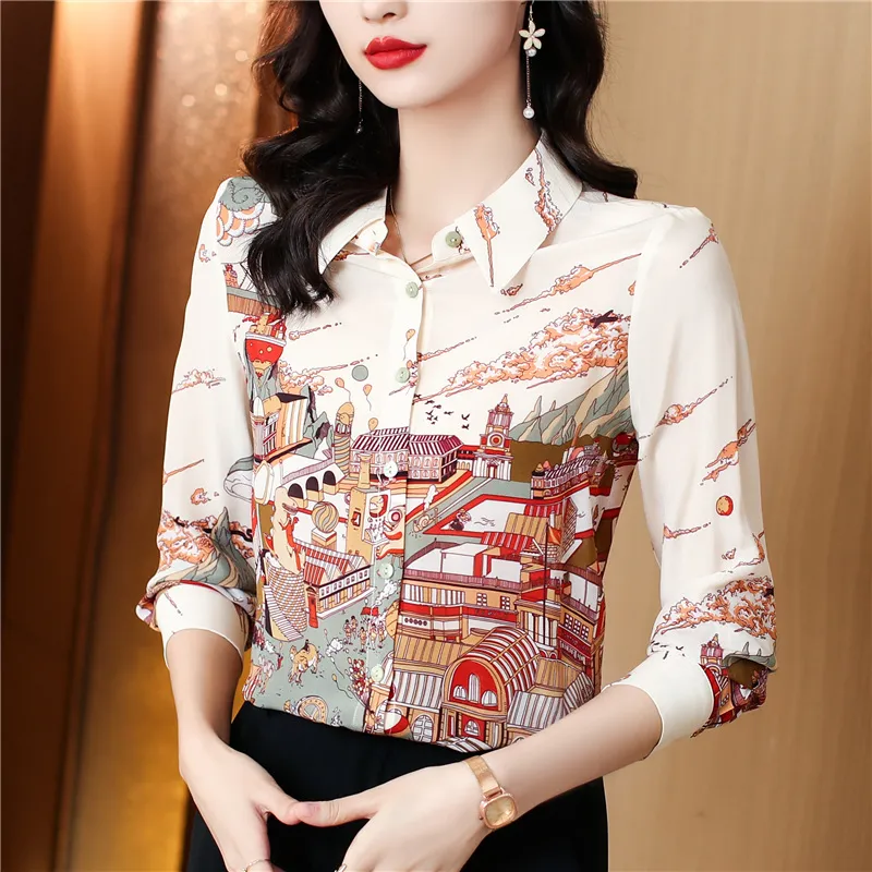 2023 Fashion Runway Satin Frauen Blusen Designer Top Lange Ärmel Revers Formale Button Up Shirts Schöne Frühling Herbst Damen Ol Si256j