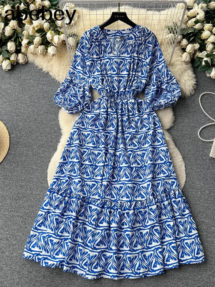 Casual Dresses Geometry French Long Floral Dress 2023 Fashion Streetwear Puff Sleeve Lace-up Sheath Women V Neck A-Line Party