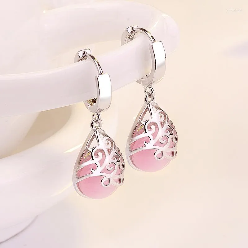 Boucles d'oreilles pendantes exquise rose Imitation opale pierre de lune européenne américaine 925 argent aiguille goutte boucle d'oreille mode femme accessoire d'oreille