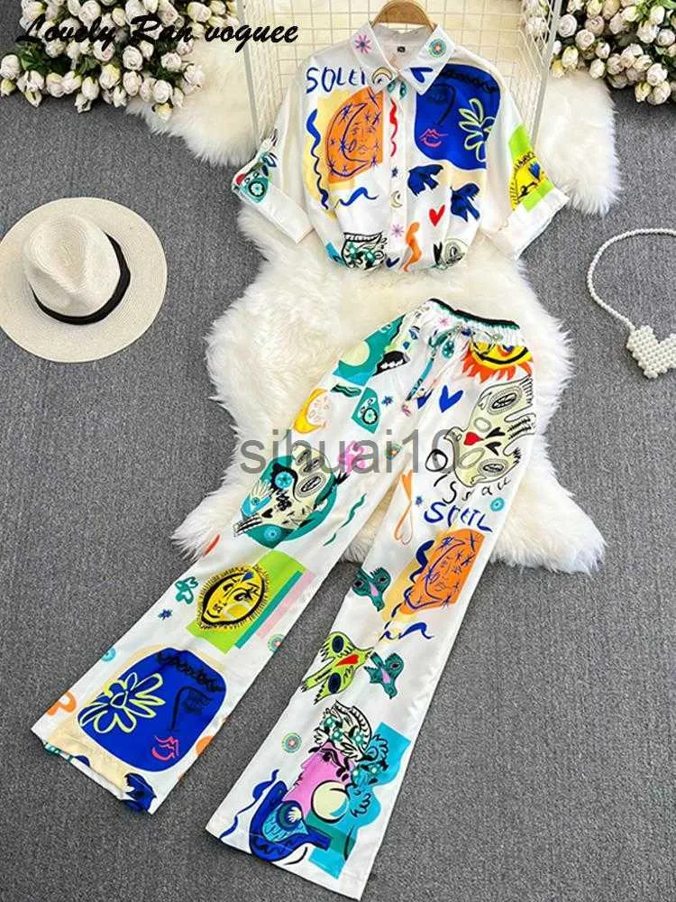 Women's Two Piece Pants Women 2 Piece Set Graffiti Print 2023 Summer Short Sleeve Top Wide Leg Straight Pant Sets Casual Loose Satin Silk Female Suit J230717