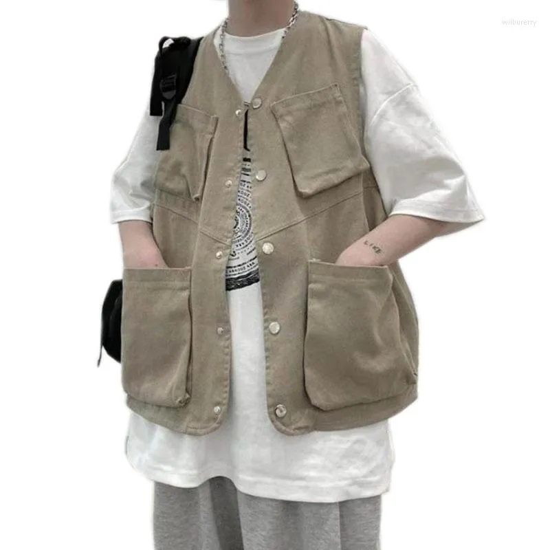 Gilet da uomo Gilet cargo da uomo coreano Utensili moda uomo Giacca senza maniche Hip Hop Sciolto Casual Multi-tasca Primavera all'aperto