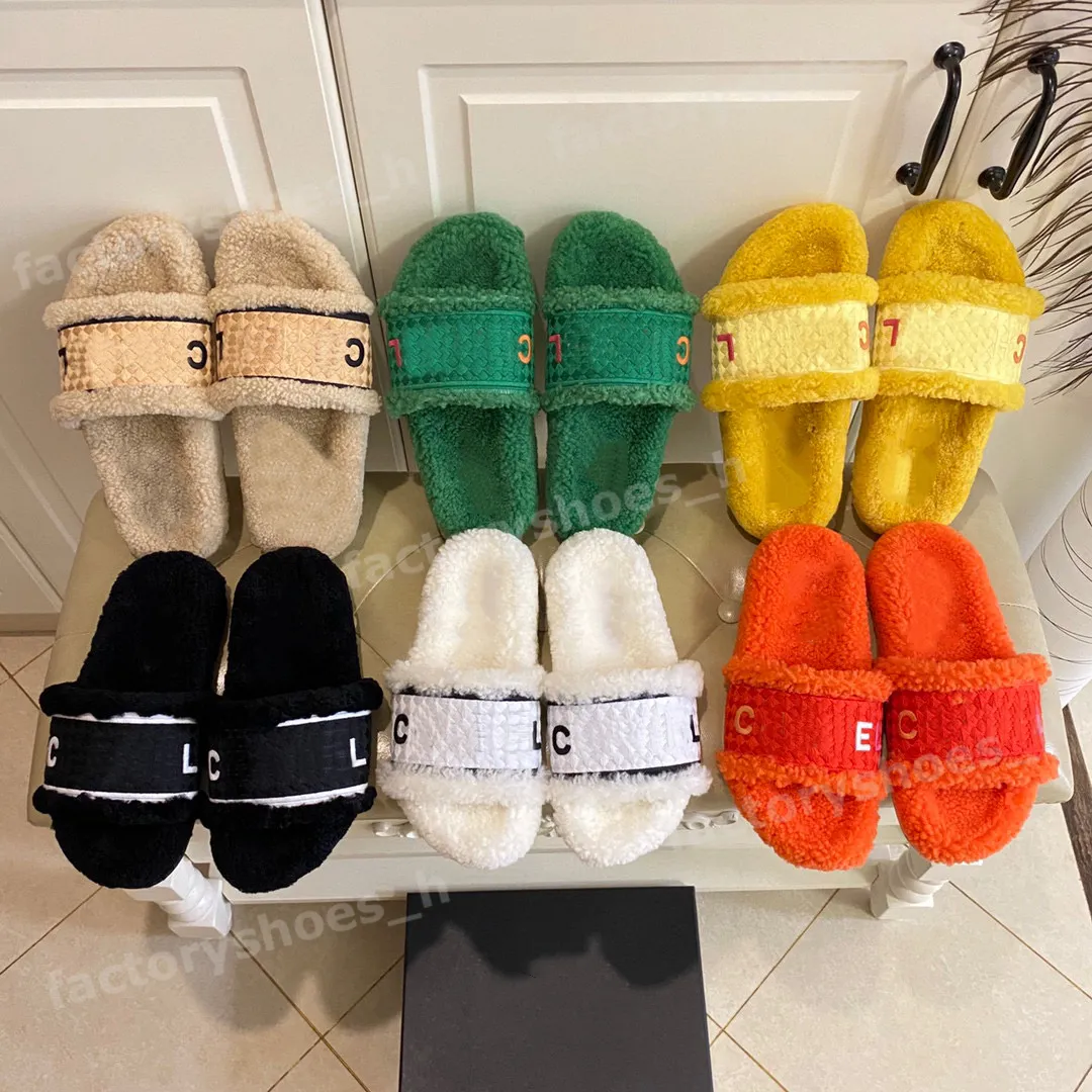 Designer tofflor kvinnor tofflor ull sandaler plattform skor brev tryckning sandal vävt päls sko fluffig bild bekväm höst vinter hem glider