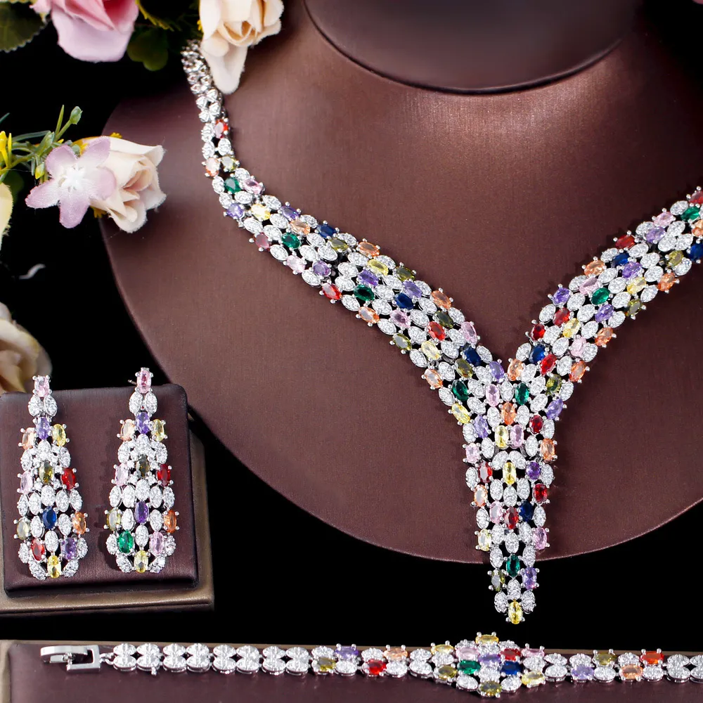 Wedding Jewelry Sets CWWZircons Heavy Cubic Zircon Stone Work Multicolor Big Necklace Arabic Dubai Bridal Set Luxury Accessories T666 230717