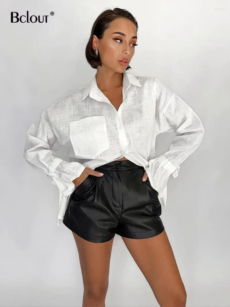 Blouses pour femmes Bclout mode lin lâche blanc élégant à manches longues à lacets bureau montre de sport automne poches solides chemises en coton décontracté