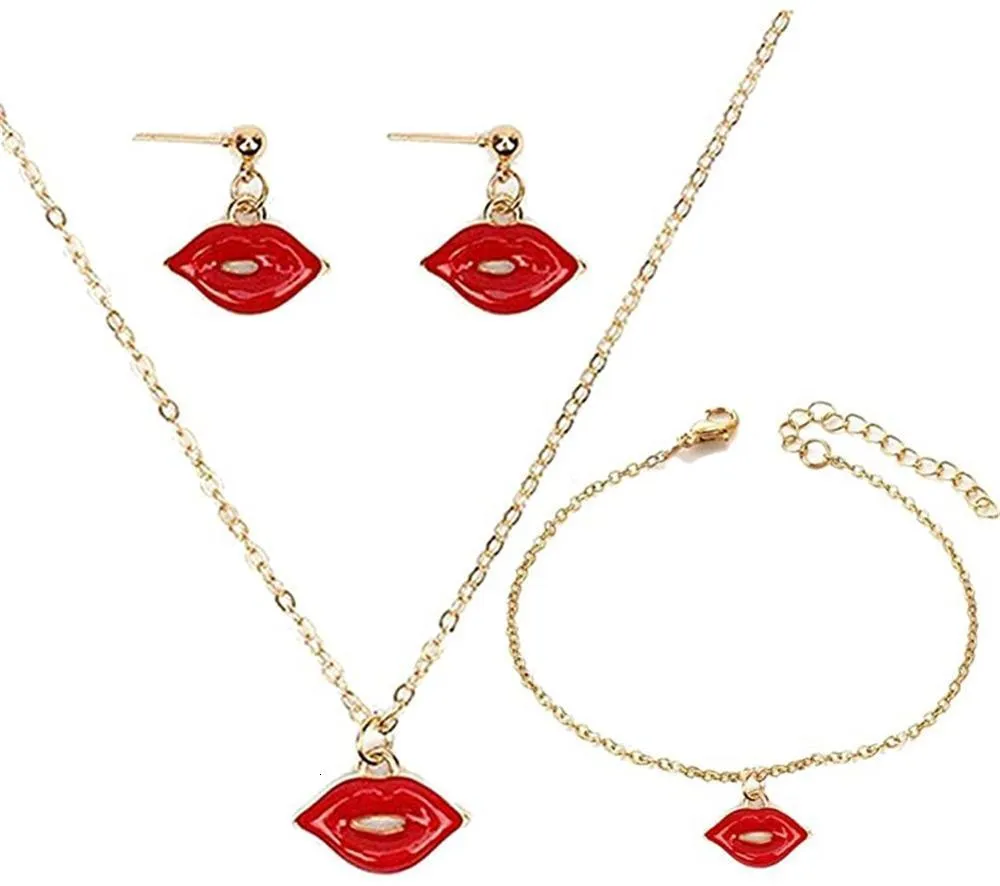 Wedding Jewelry Sets Red Lip Necklace Pendant Mouth Kiss Lips Bracelet Dangle Stud Earrings Set link for Women Grils Fashion 230717