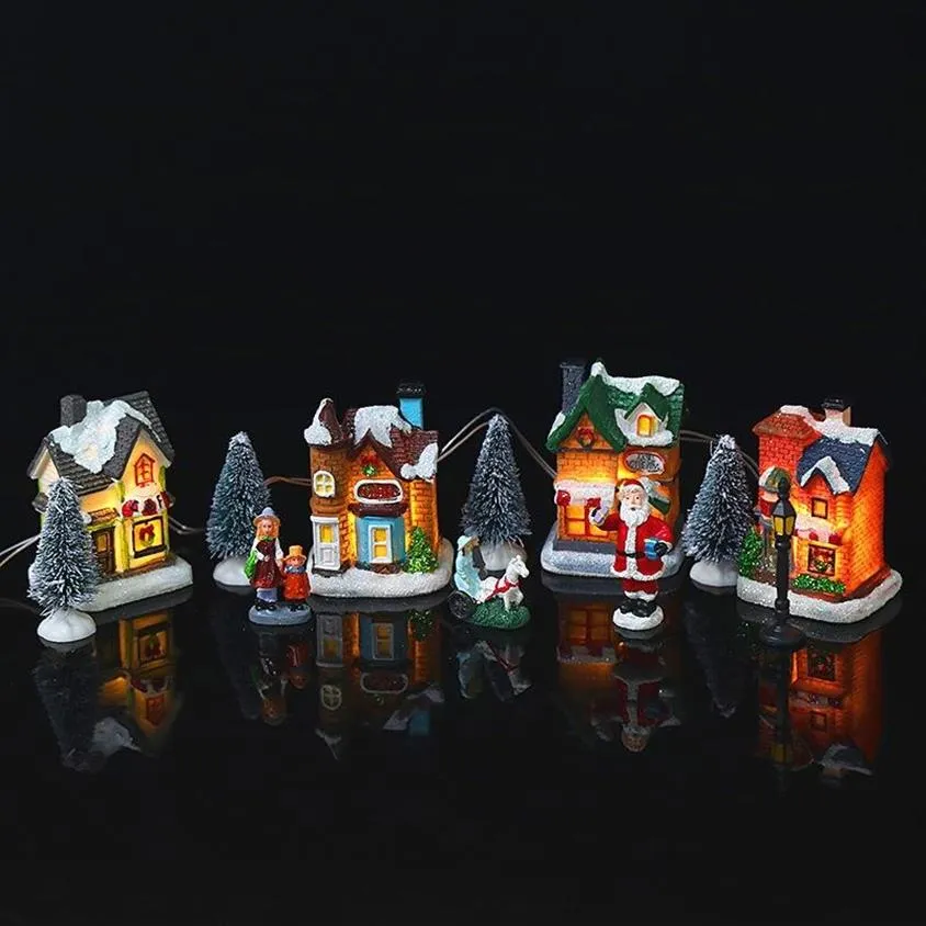 Decorações de Natal Aldeia Conjunto Decore Papai Noel Resin Villa Ornaments 10 Pcs Luminous Snow House Gifts Tree Home Decoration257v