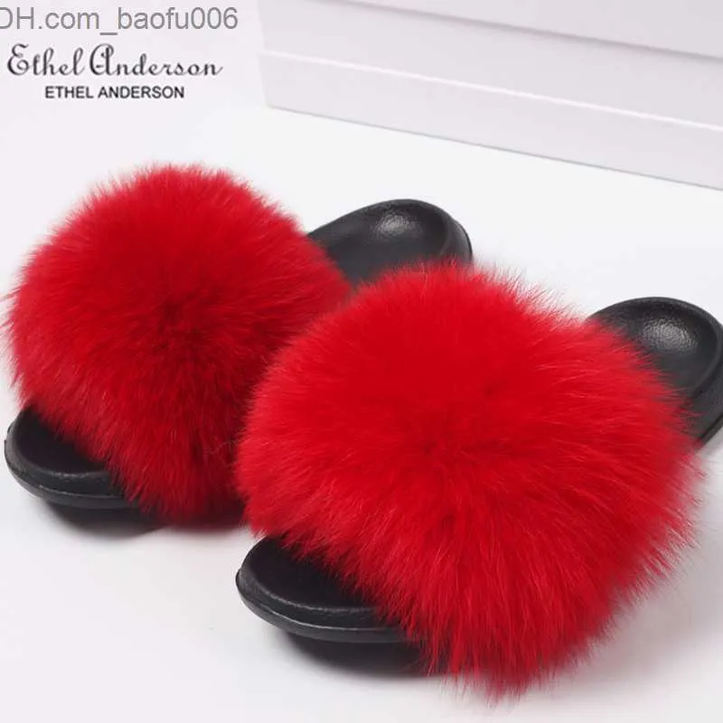 Slippers Ethel Anderson Real Fox Raccoon Fur Slippers Slides Lady Retro Summer Flip Flops Disual Fluffy Fur Sandals Plush Shoes LJ200903 Z230717