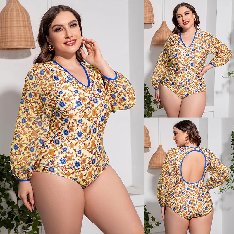 Verão 2023 Protetor solar Large Print Large European e American Plus Size Triângulo Longo Manga Longa Peda de Abertura de Aberto de Aberto de Swimwear Ast1602988