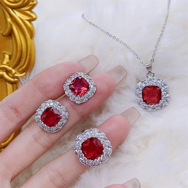 Necklace Earrings Set Luxury Stylish Red Cubic Zirconia Square Adjustable Ring/Necklace/Earrings Three Piece Wedding Engagement Dinner