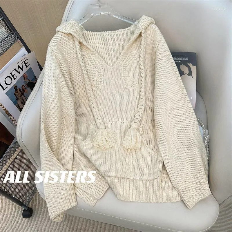 Women's Sweaters 2023 Solid Color Knitted Sweater Streetwear Loose Tops Women Hooded Collar Pullover Female Long Sleeve J130