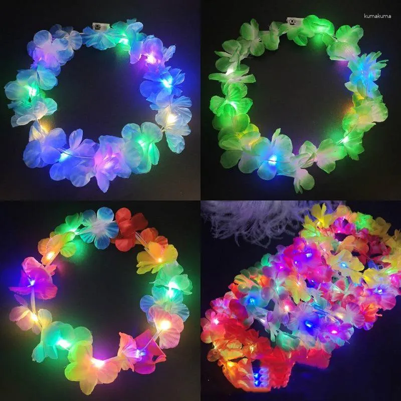 Party Decoration 10pcs LED Hawaiian Lei Floral Headband Light Up Flower Crown Glow Wreath Summer Beach Pool Wedding Decorations