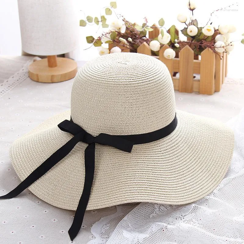 Geniş Memlu Şapkalar Moda Yaz Günlük Plaj Trilby Büyük Güneş Şapkası Kağıt Saman Kadın Erkekler Siyah Kurdele ile Cap