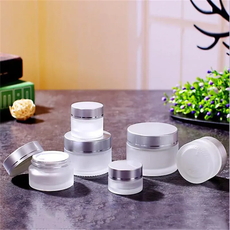 Frosted Glass Cream Jar Refillable Cosmetic Bottle Sample Empty Container Silver Lids and Inner Liners 5g 10g 15g 20g 30g 50g