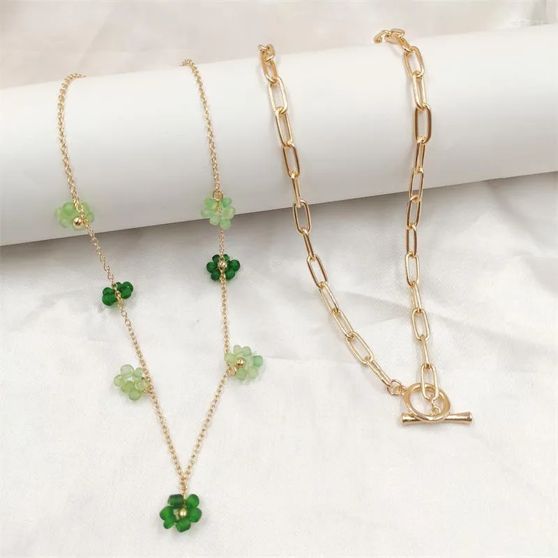 Pendant Necklaces 2023 Fashion Women Temperament Green Flowers Beads Chain Splicing OT Buckle Paper Clips Double Layer Necklace Jewerly