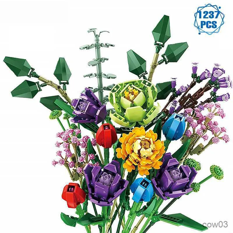 Blocchi Idee Fiori Bouquet Blocchi da costruzione Romantico Fiore rosa Mattoni Decorazione domestica Giocattoli fai da te per ragazza Regalo di compleanno R230718