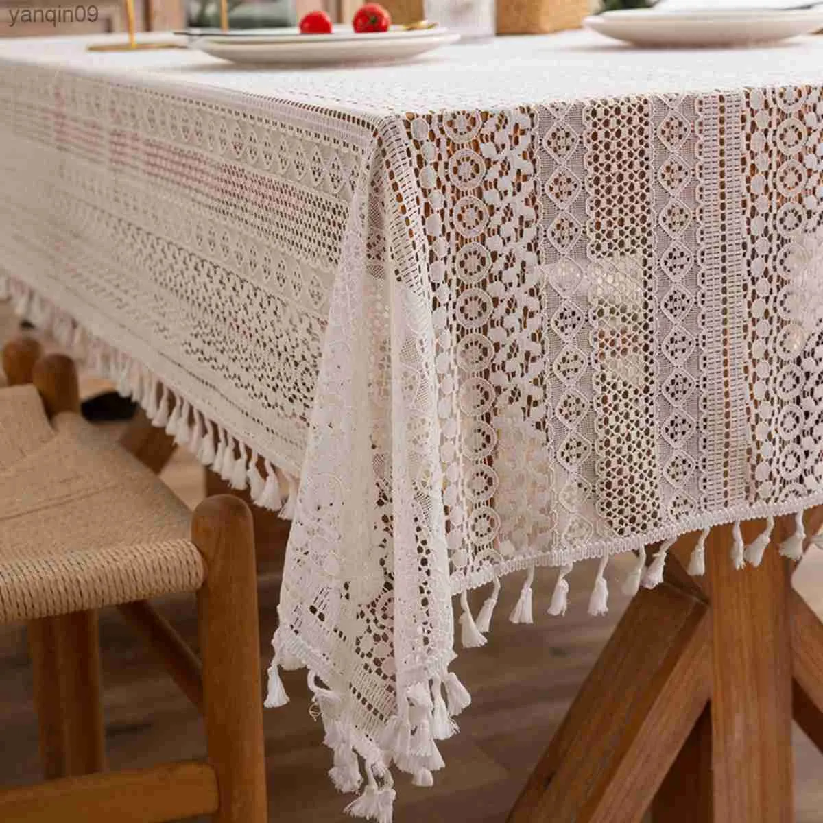 Hollow French Lace Beige Tablecloth Rectangular Wedding Birthday Party Decorative Table Cover Mantel Mesa Nappe with Tassel L230626