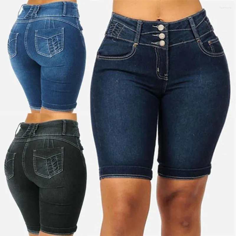 Kvinnors shorts sexiga mode kvinnor damer denim mager hög midja stretch bodycon jeans smal knä längd kort je