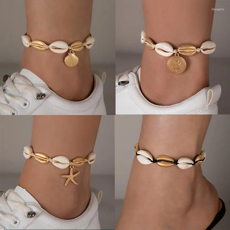 Anklets sommar ocean strand stil tillbehör enkel kontrast skal stjärnfisk handvävd enkel lager ankel för män kvinnor