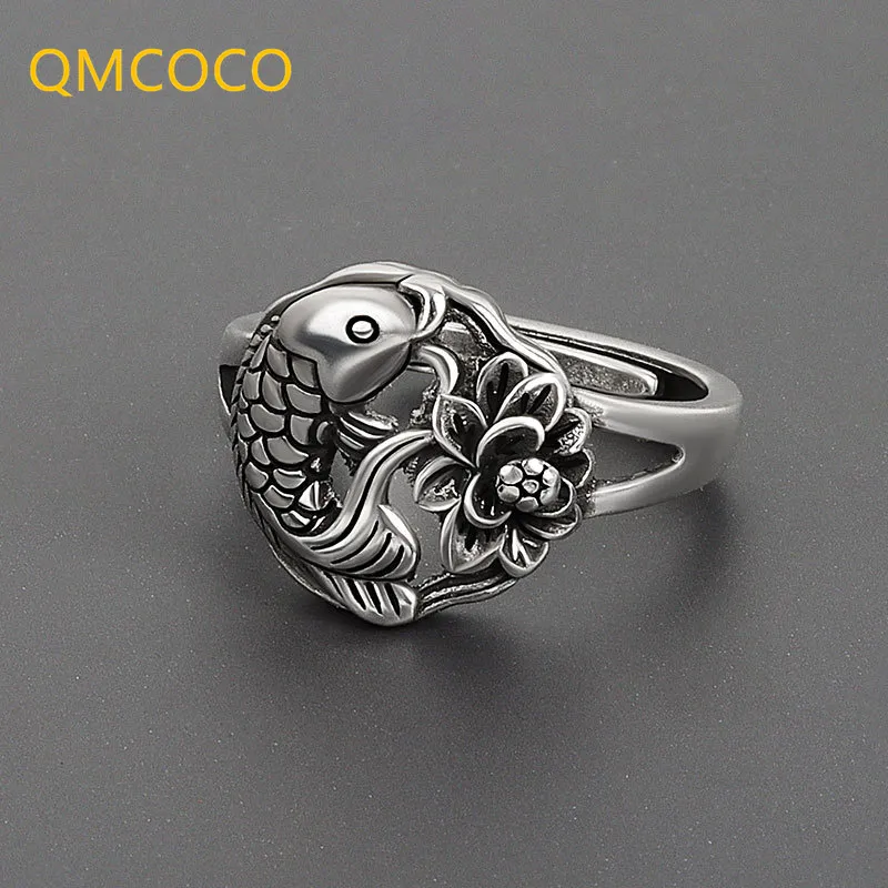 QMCOCO Lotus Vis Ring Vrouwelijke INS Stijl Vintage Open Verstelbare Karper Ring Gemaakt Oude Geometrie Zilver Kleur Fijne Sieraden Gift