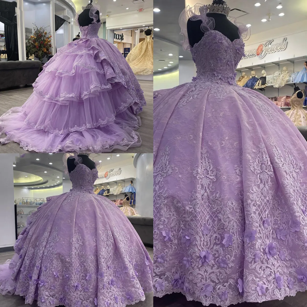 Lavanda principessa Tiered Quinceanera Abiti Fiori Appliques di pizzo Increspature Cinghie Senza maniche Ball Gown Prom Luxury Vestido De 15 Anos Sweet 16 Ragazze Abiti formali